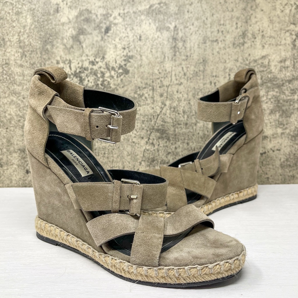 Balenciaga Suede Wedge Espadrille Sandals, Taupe Tan Leather Wedge Heels, Sz 39